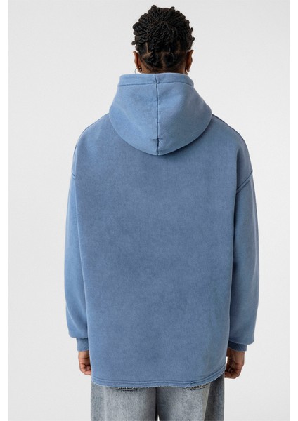 Yıkamalı Yırtık Detaylı Oversıze Sweatshırt Mavi