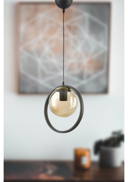 Nina Modern Metal Siyah Renk Halkalı Kapalı Bal Camlı Tekli Avize fiyatları