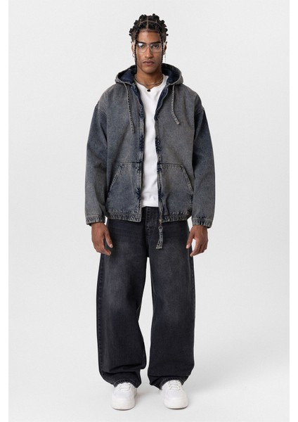 Fermuarlı Kapüşonlu Oversıze Denim Ceket Koyu Mavi fiyatları