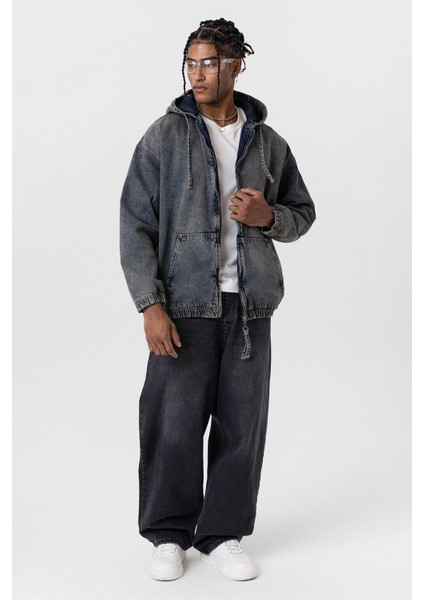 Fermuarlı Kapüşonlu Oversıze Denim Ceket Koyu Mavi modelleri