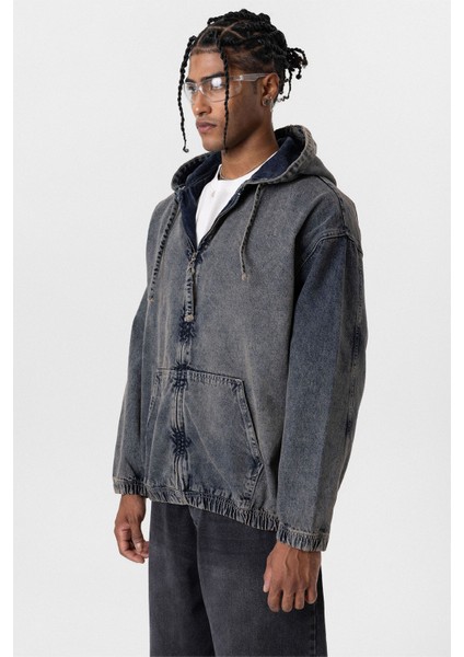 Fermuarlı Kapüşonlu Oversıze Denim Ceket Koyu Mavi fırsatları