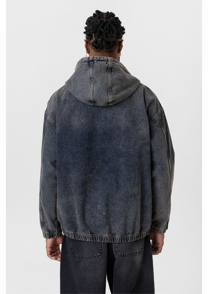 Fermuarlı Kapüşonlu Oversıze Denim Ceket Koyu Mavi indirimleri