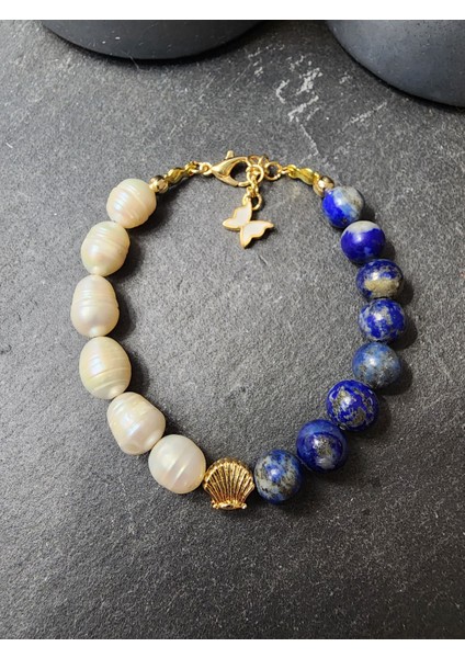 Inci ve Lapis Lazuli Orjinal Doğal Taş Kadın Bileklik Özgüven, Samimiyet, Saflık - Ayarlanabilir Bileklik