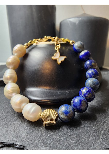 Inci ve Lapis Lazuli Orjinal Doğal Taş Kadın Bileklik Özgüven, Samimiyet, Saflık - Ayarlanabilir Bileklik fiyatları