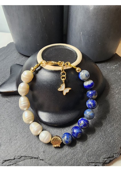 Inci ve Lapis Lazuli Orjinal Doğal Taş Kadın Bileklik Özgüven, Samimiyet, Saflık - Ayarlanabilir Bileklik modelleri