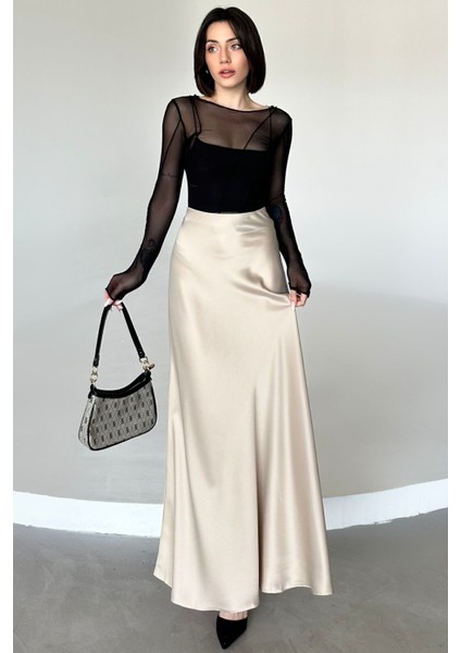 Kadın Siyah Floş Viskon Saten Kemeri Lastikli Fermuarlı Maxi Boy A Line Etek fiyatları