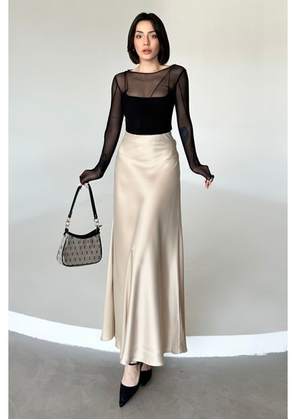 Kadın Siyah Floş Viskon Saten Kemeri Lastikli Fermuarlı Maxi Boy A Line Etek fırsatları