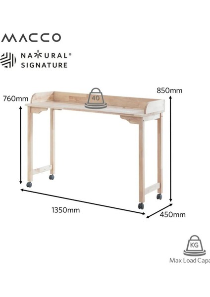 Macco Mobilya Natural Signature By Macco - Tekerlekli Yüksek Çalışma Masası (Ergonomik ve Masif Kauçuk Ağacı)