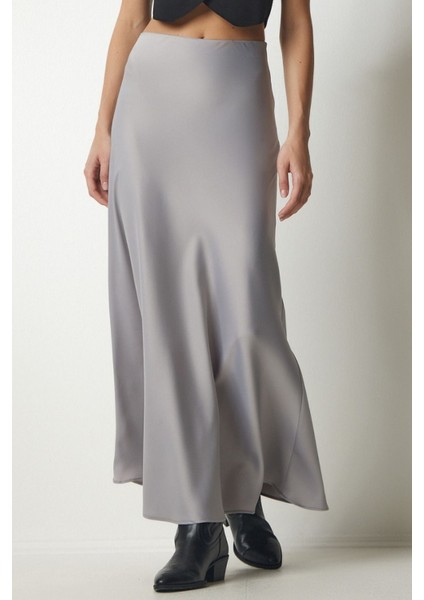 Kadın Siyah Floş Viskon Saten Kemeri Lastikli Fermuarlı Maxi Boy A Line Etek