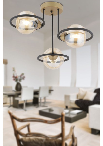 Becca 3'lü Siyah Eskitme Bal Camlı Top Avize Modern Oturma Odası Salon Avize