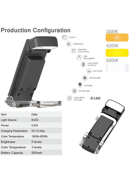 Okuma Işığı Taşınabilir Şarj Edilebilir Kitap Işığı Yatakta Gece Okumak Için, Çocuklar Için Zamanlayıcı Gece Kitap Okuma Sevgilisi Siyah (Yurt Dışından)