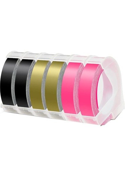 Plastik 3D Kabartma Etiket Bandı Için 6 Rulo Etiket Bandı Değiştirme 9mm Kendinden Yapışkanlı Etiket (Siyah/altın/pembe) (Yurt Dışından)