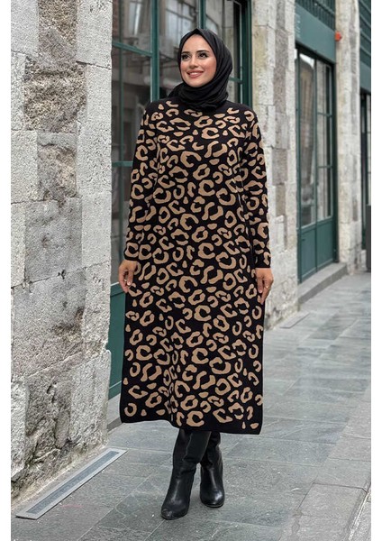 Leopar Desenli Triko Elbise 18193 Siyah-Taba
