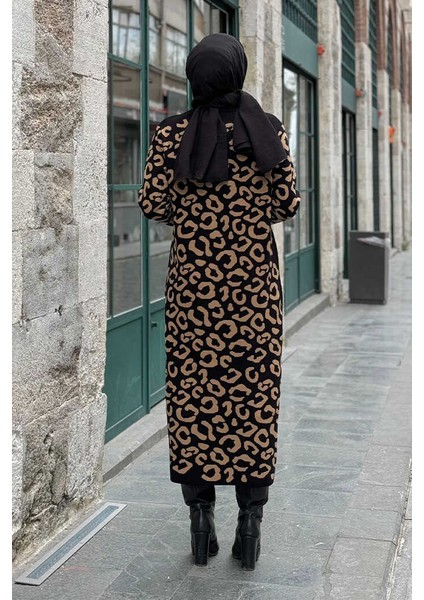 Leopar Desenli Triko Elbise 18193 Siyah-Taba