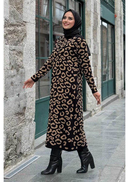Leopar Desenli Triko Elbise 18193 Siyah-Taba
