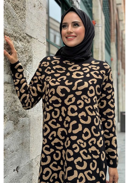 Leopar Desenli Triko Elbise 18193 Siyah-Taba