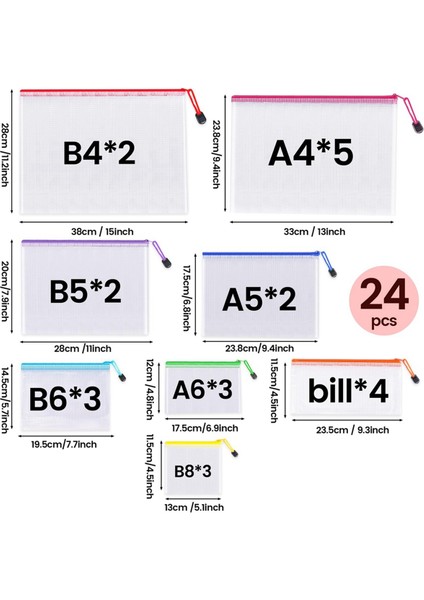 24 Adet Örgü Fermuarlı Kese Çanta-8 Boyutları Organizasyon Için Fermuar Torbalar, Fermuarlı Örgü Çanta Fermuarlı Dosya Çantası (Yurt Dışından)