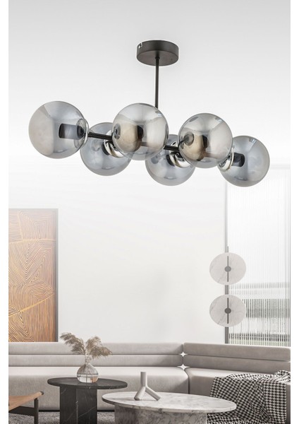 Hira 6'lı Siyah Füme Glob Camlı Modern Plafonyer Salon Yemek Masası Üstü Avize