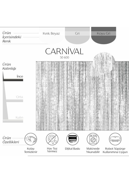 Carnival Gri Halı Yolluk Eskitme Vintage Halı Dokuma Şönil Halı Makinede Yıkanabilir Muftak Halısı