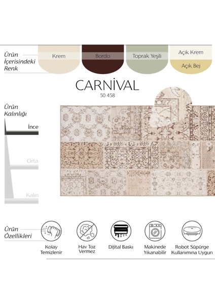 Carnival Krem Patchwork Halı Yolluk Yıkanabilir Koridor Halısı Eskitme Vintage Şönil Mutfak Halısı