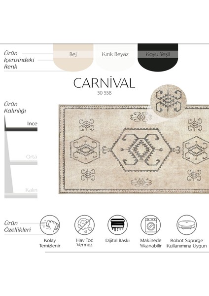 Carnival Bej Halı Yolluk Hol Koridor Halısı Etnik Desen Otantik Şönil Halı Yıkanabilir Mutfak Halısı