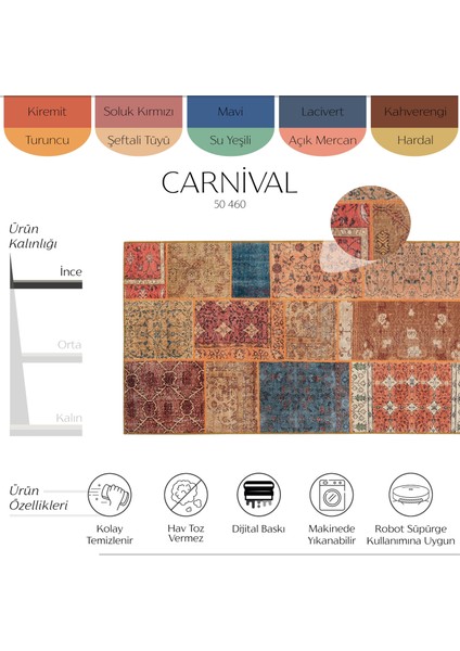 Carnival Renkli Patchwork Halı Yolluk Yıkanabilir Mutfak Halısı Eskitme Vintage Dokuma Şönil Halı