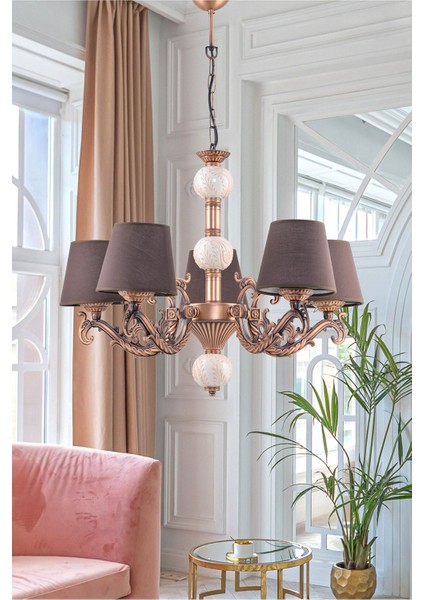 Beş Kollu Zamak Avize Bakır Krem Çinili Kahverengi Şapkalı