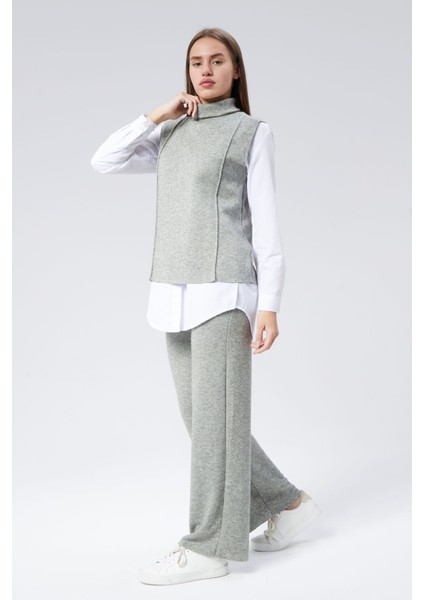 Dik Yaka Kolsuz Pantolon Bluz Adriana Triko Takım S - Mint modelleri