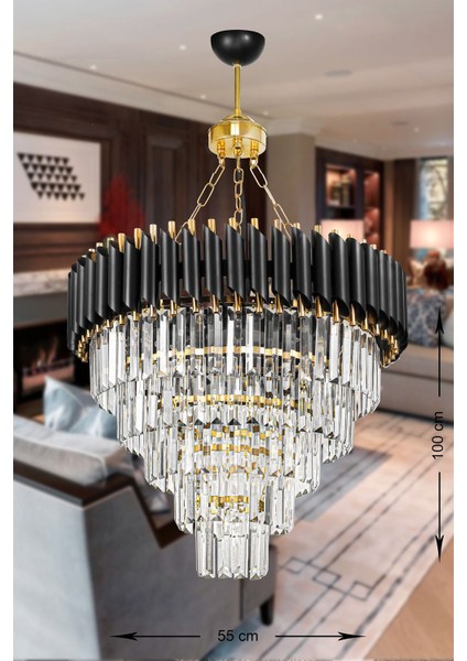 Palmira 55 cm 'lik Kristal Taşlı Lüks Avize 5'li - (Siyah-Gold)