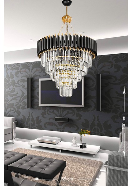 Palmira 55 cm 'lik Kristal Taşlı Lüks Avize 5'li - (Siyah-Gold)