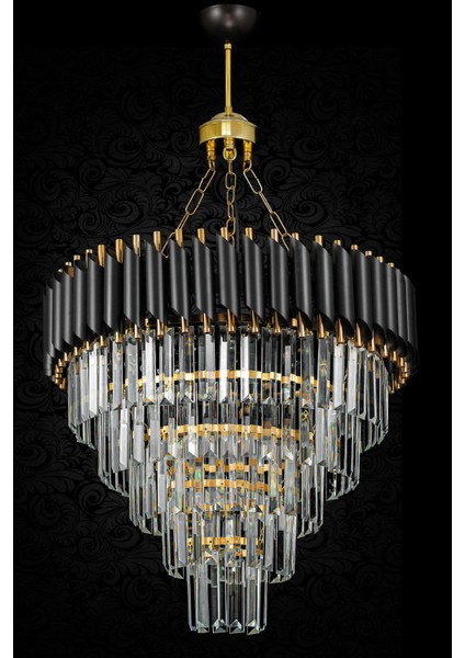 Palmira 55 cm 'lik Kristal Taşlı Lüks Avize 5'li - (Siyah-Gold)
