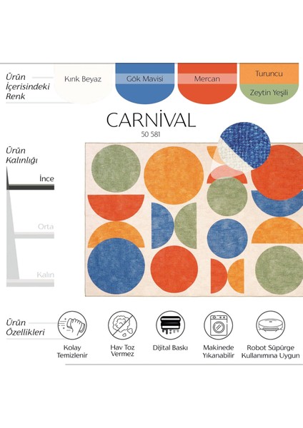 Carnival Renkli Halı Yolluk Geometrik Soyut Desenli Şönil Halı Makinede Yıkanabilir Mutfak Halısı