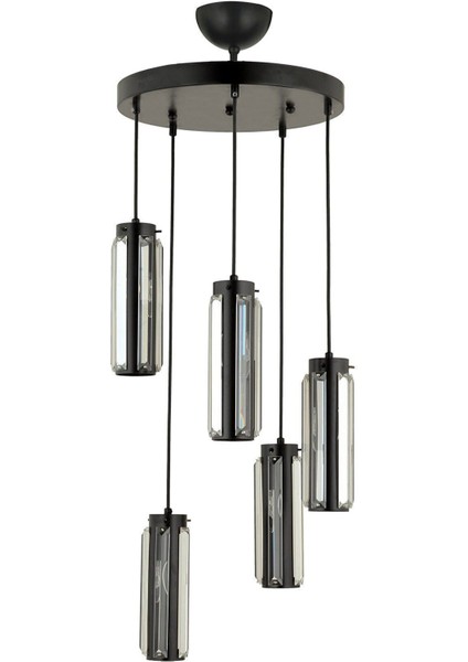 Natali 5 Li Yuvarlak Siyah Modern Kristalli, Taşlı Modern Tasarım Kristal Salon Sarkıt Avize modelleri