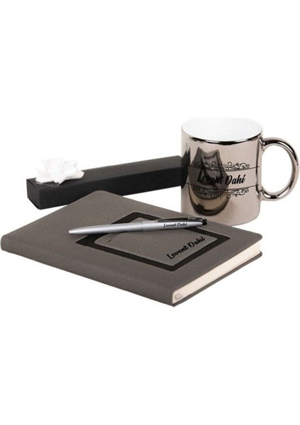Isme Özel Silver Black Ajanda Kupa Kalem Hediye Seti