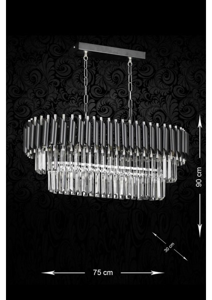 Palmira 75 x 35 cm Kristal Taşlı Lüks Yemek Masası Üstü Avize 6'lı - (Siyah-Krom)