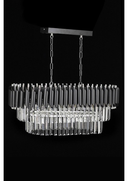 Palmira 75 x 35 cm Kristal Taşlı Lüks Yemek Masası Üstü Avize 6'lı - (Siyah-Krom)