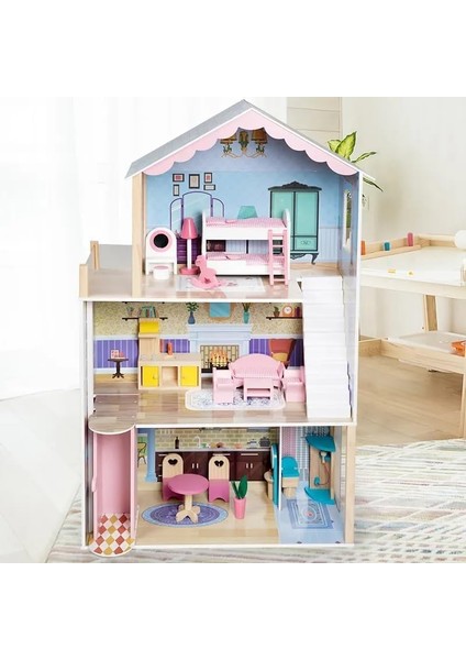 Klasik Ahşap Bebek Evi Tam Set Mobilya ile 115 cm Yükseklikte Rol Yapma Oyuncağı