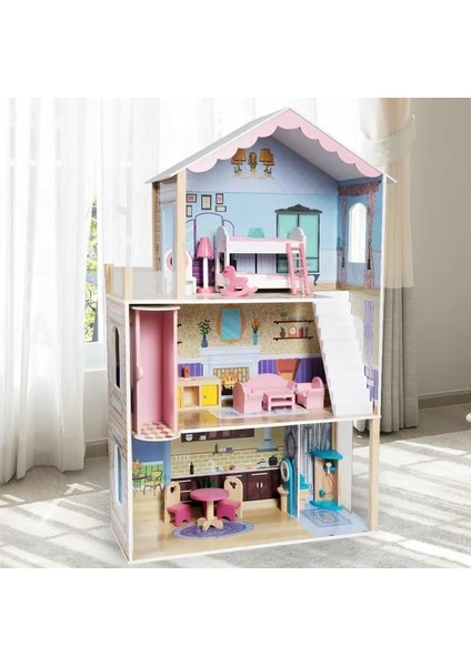 Klasik Ahşap Bebek Evi Tam Set Mobilya ile 115 cm Yükseklikte Rol Yapma Oyuncağı