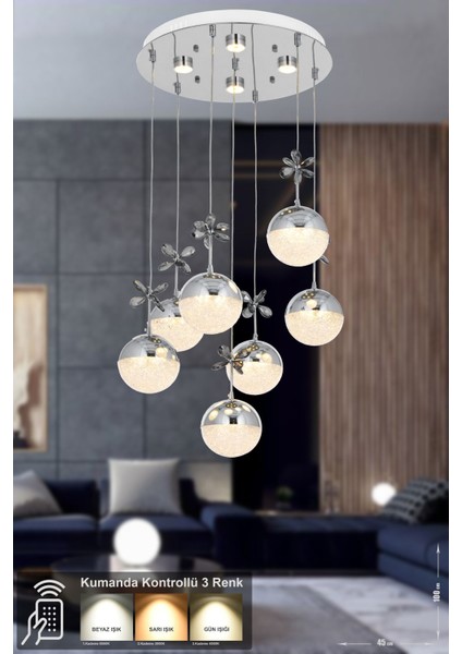 Forde 7'li Power Ledli Kumandalı Modern Lüks Sarkıt Avize, 3 Renk: Sarı-Beyaz-Gün Işığı - Krom