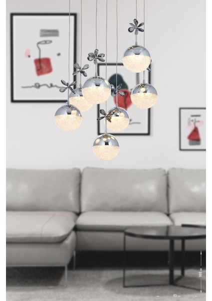 Forde 7'li Power Ledli Kumandalı Modern Lüks Sarkıt Avize, 3 Renk: Sarı-Beyaz-Gün Işığı - Krom