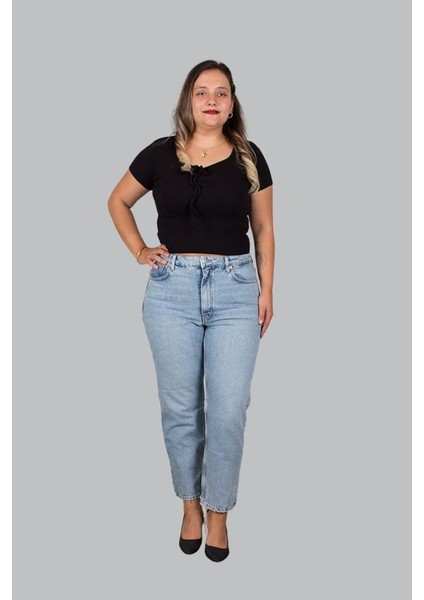 Büyük Beden Yüksek Bel Mom Jeans Pantolon Mavi