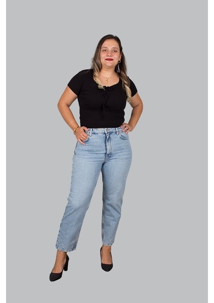 Büyük Beden Yüksek Bel Mom Jeans Pantolon Mavi