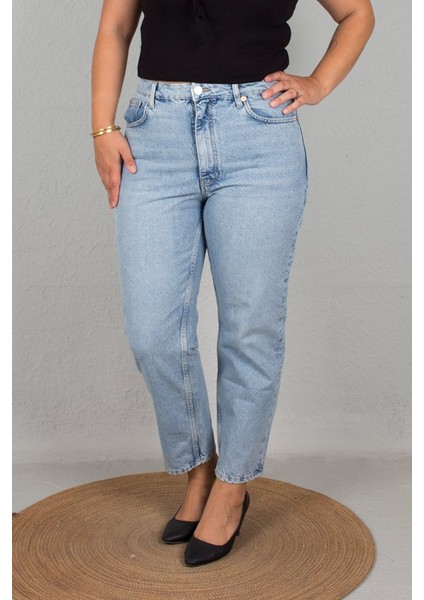 Büyük Beden Yüksek Bel Mom Jeans Pantolon Mavi