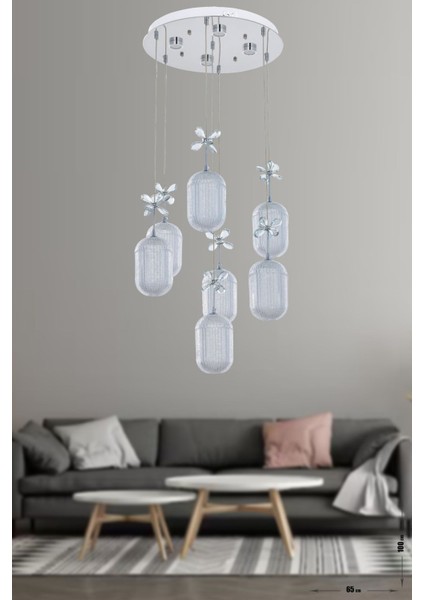 Motta 7'li Power Ledli Kumandalı Modern Lüks Sarkıt Avize, 3 Renk: Sarı-Beyaz-Gün Işığı - Krom