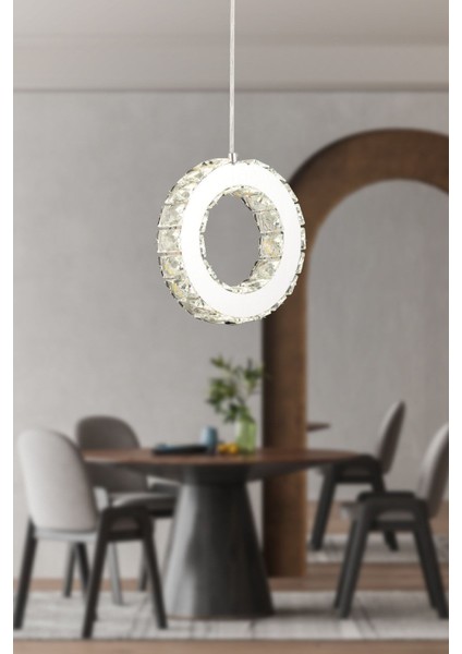 Akanay Tekli Krom Ledli 3 Renkli Sarkıt Kristalli Taşlı Modern Tasarım LED Kristal Top Salon Avize