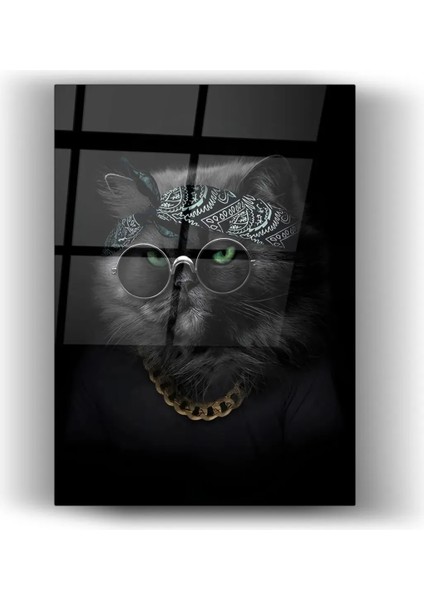 Cam Tablo Bandanalı Kedi Dk