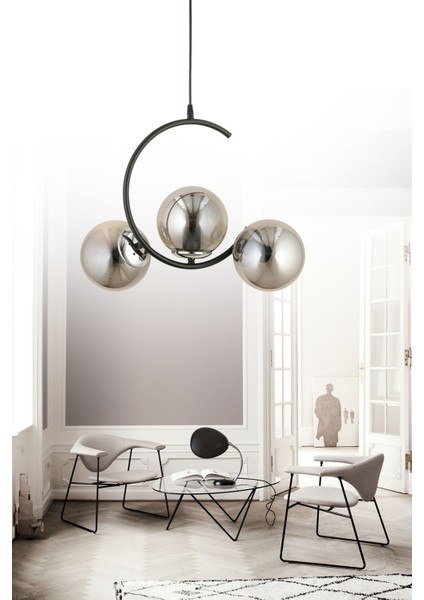 Hilal 3 Lü Modern (Siyah Krom) Füme Glop Camlı Salon Yatak Odası Mutfak Genç Odası Avize