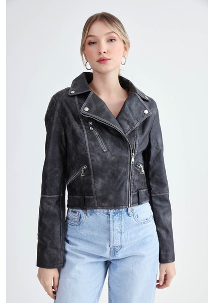 Fermuarlı Suni Deri Crop Biker Ceket
