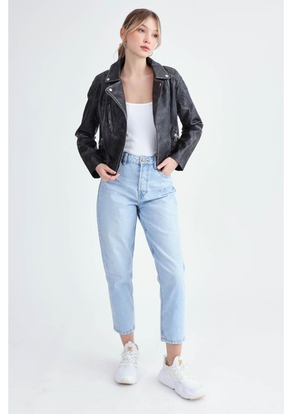 Fermuarlı Suni Deri Crop Biker Ceket