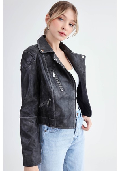 Fermuarlı Suni Deri Crop Biker Ceket